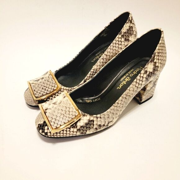 Pedro Anton Made in Spain Faux Snake Embossed Buckle Pumps Block Heel Shoes 36 - Picture 1 of 8